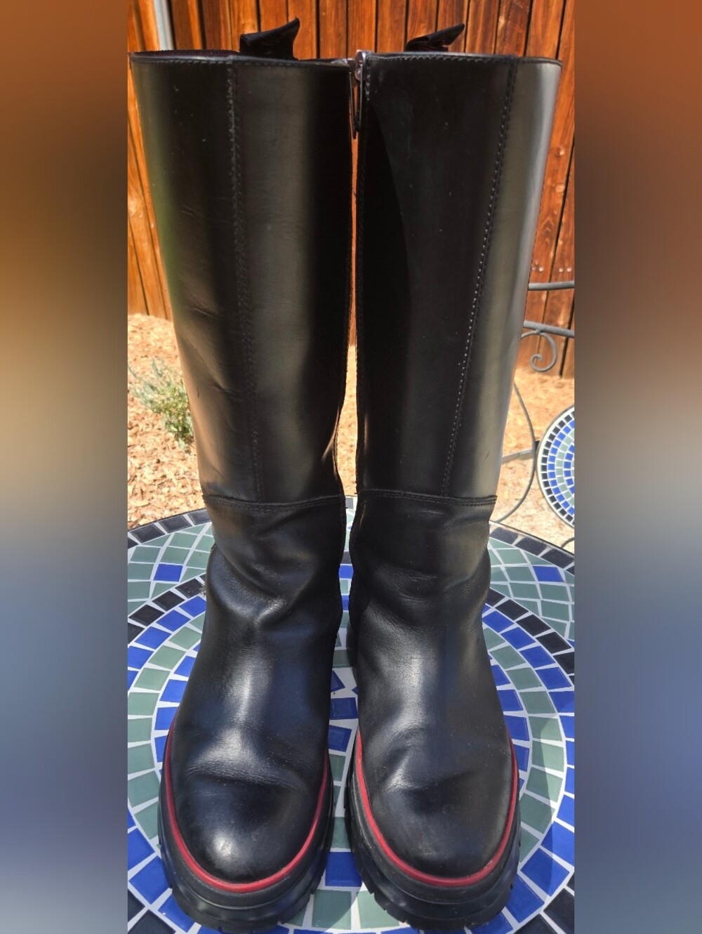 TIMBERLAND Preloved Women's Black Leather Mid-WIDE Calf Boots with Red Trim